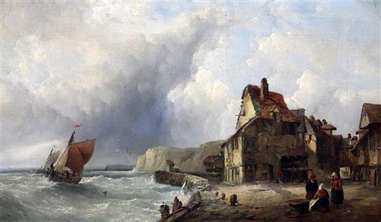 John James Wilson (1818-1875) Fishing village with fishing boats leaving port, 12.5 x 21.5in.